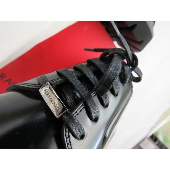 NIB FERRAGAMO FLICKER BLACK LEATHER LOGO PLATFORM LUG SOLE OXFORDS 9 M - Picture 3 of 13